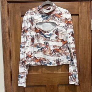 Horse Print Cutout Long-Sleeve Top in White and Brown